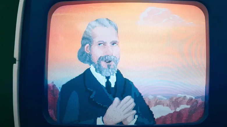 An animated avatar of Kier Eagan speaking to Helly R. in Severance season 1