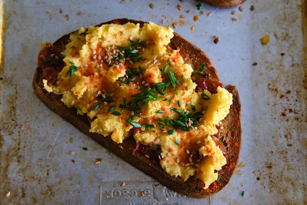 Deviled Egg Toast on a baking sheet