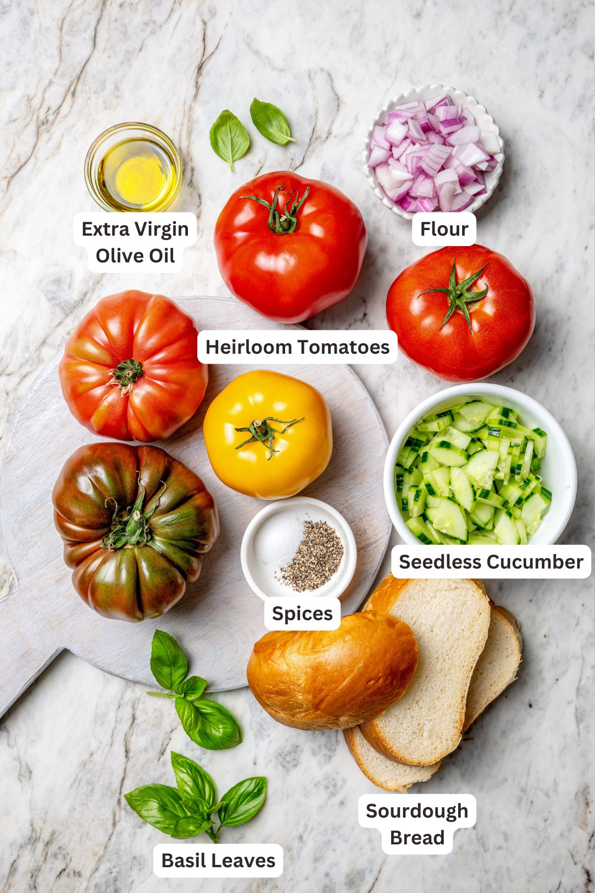 Overhead view of ingredients for panzanella