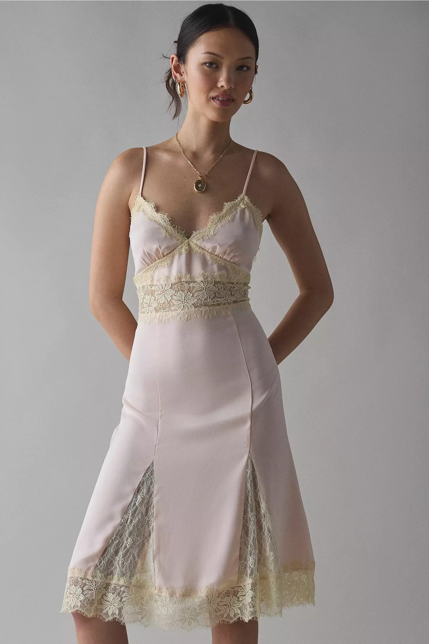 Kimchi Blue Dipped in Lace Satin Slip Midi Dress