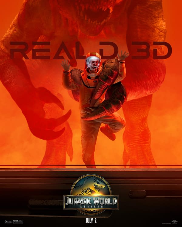 A promotional poster for 'Jurassic World Rebirth,' featuring a character in an orange space suit seemingly in distress, with a large dinosaur looming in the background against an orange backdrop. The poster includes the movie title and release date, July 2.