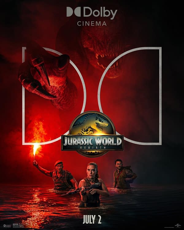 A promotional illustration for 'Jurassic World: Rebirth,' featuring three characters wading through water with a dramatic red background. The image includes the movie's logo and the release date, July 2, alongside the Dolby Cinema logo.