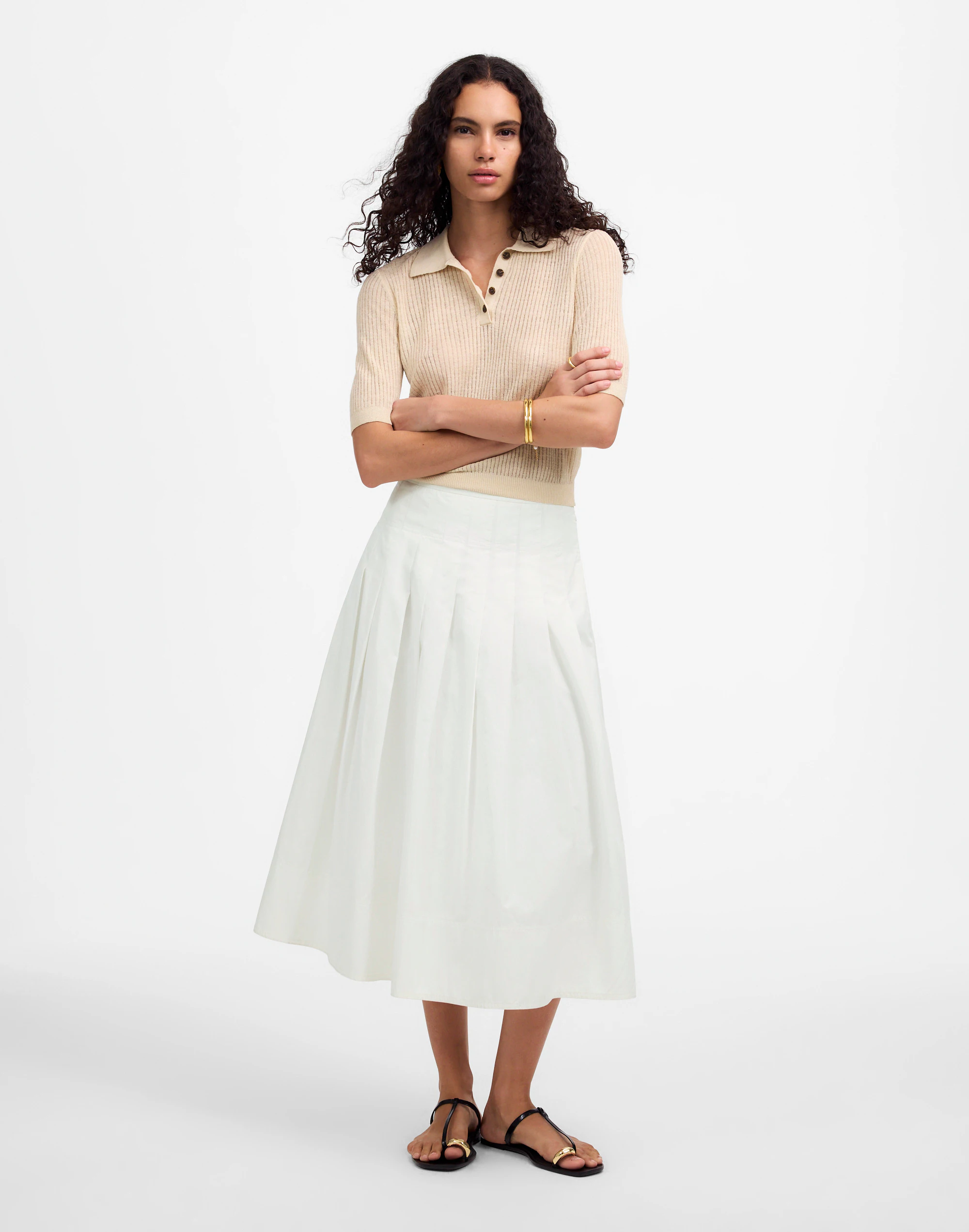 Pleated Midi Skirt in Cotton Poplin