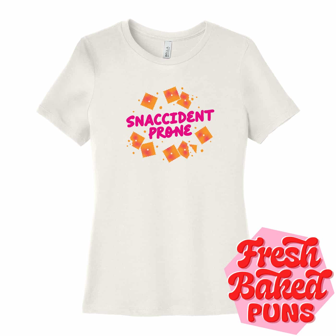 Mockup of food pun tshirt reading "Snaccident Prone" with illustrated cheese crackers, and Fresh Baked Puns logo.
