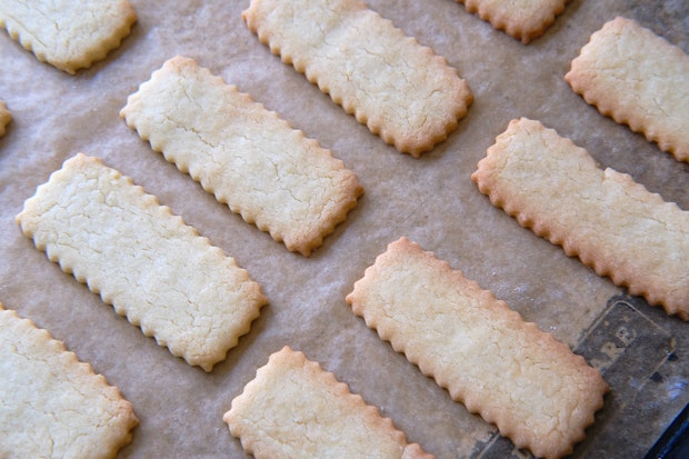 baked sugar cookies on a baking sheet