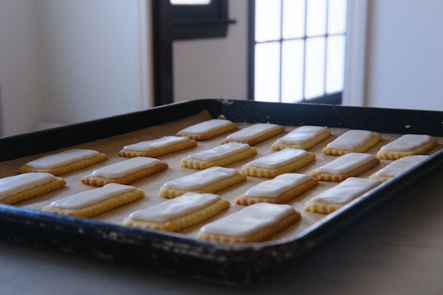 sugar cookies arranged on a baking sheet