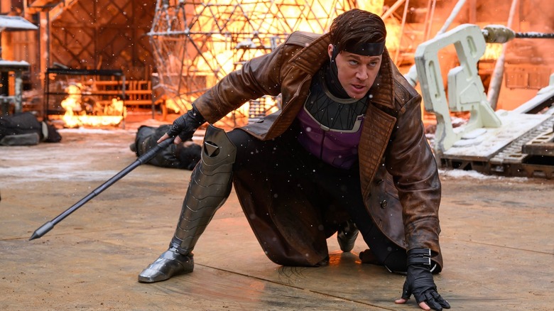 Channing Tatum as Gambit crouched in front of an explosion in Deadpool & Wolverine