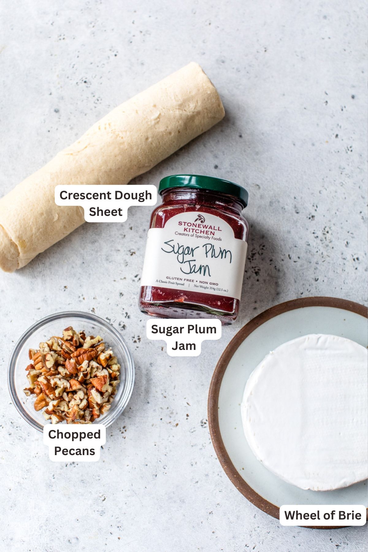 Ingredients for Sugar Plum Baked Brie Bites.